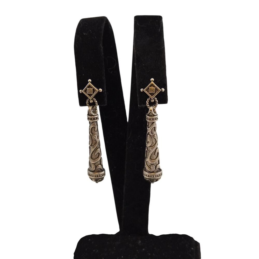 Vintage Bali Style Silver Tone Scroll Drop Dangle Earrings
